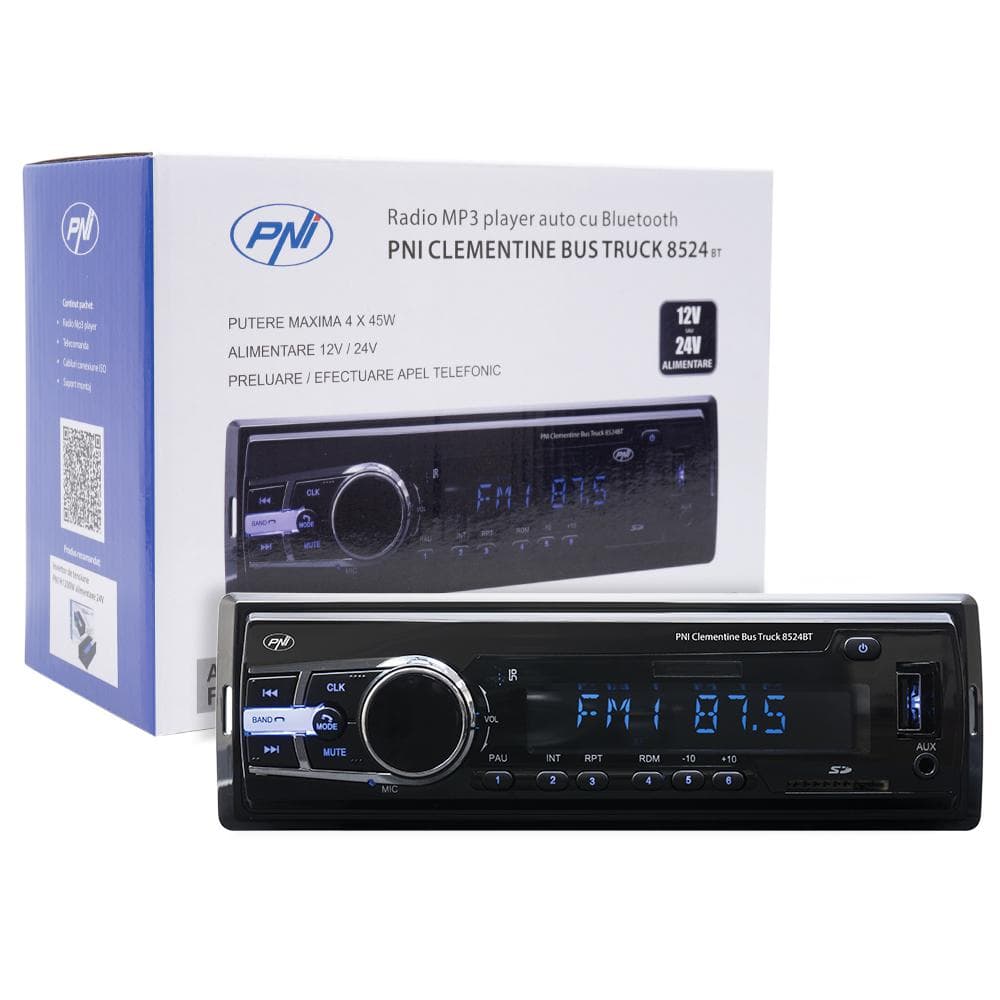 Radio MP3 player auto PNI Clementine Bus Truck 8524BT RDS 4x45w 12V/24V 1 DIN cu SD, USB, AUX, RCA si Bluetooth, Putere maxima audio (W) 4 x 45, Radio: AM/FM 87.5 - 108 MHz, USB 2.0 (max 32GB), microSD (max 32GB), AUX In (3.5mm mini jack), Redare fisiere: MP3.