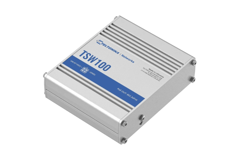 TELTONIKA INDUSTRIAL 5PORT Unmanaged POE+ Switch TSW100, Interfata: 5 x ETH ports, 10/100/1000 Mbps, supports auto MDI/MDIX crossover, Standarde retea: 802.3i, 802.3u, 802.3ab, 802.3x, 802.3az, 802.3ad, Porturi POE:1-4, POE Budget: 120W, Latime de banda: 10 Gbps, Carcasa aluminiu: Dimensiuni: 115 x — miniatură