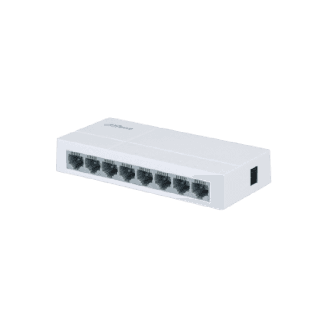 Switch Dahua 8 porturi Unmanaged, PFS3008-8ET-L, Interfata: 8 x 10/100 Mbps, Capacitate: 1.6 Gbit, Packet Forwarding Rate: 1.1904 MPPS, Greutate: 160g, Dimensiuni: 132.9 mm × 62.4 mm × 24.0 mm, Material carcasa: plastic. — miniatură