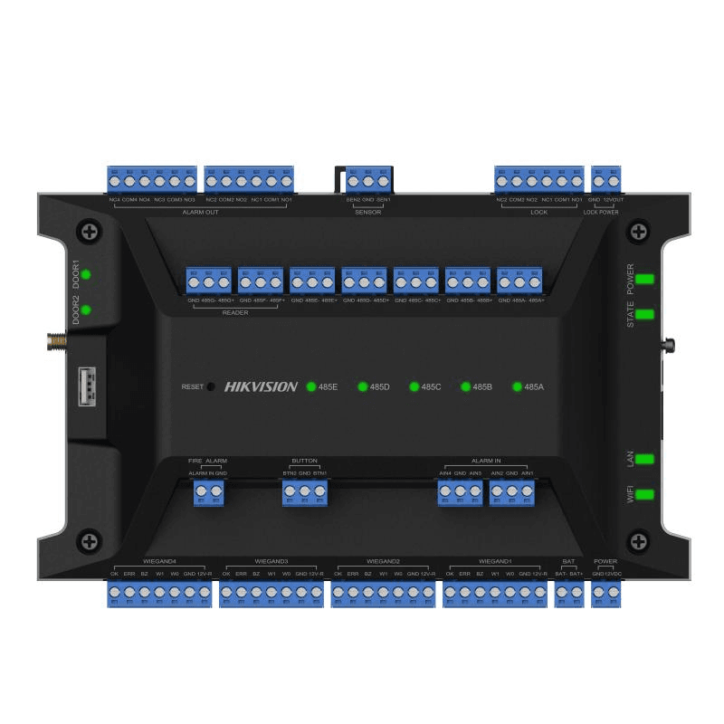 Centrala control acces Hikvision DS-K2702WX-E1(P), 10/100/1000 Mbps, Wi- Fi, interfete: 1x Network, 2x Lock Control, 2x Exit Button, 2x Door Contact Input, 4x Alarm Input, 4x Alarm Output, 1x TAMPER, 7x RS-485, 4x Wiegand(W26, W34), 1x USB, 1x PoE, 1x Fire Interface, capacitate: 100 000 utilizatori