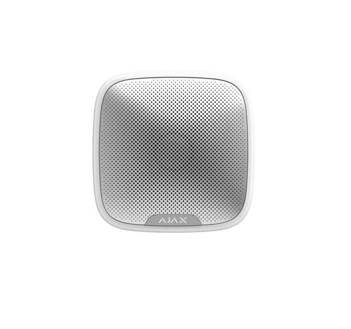 "Sirena de exterior, wireless, alb - AJAX; Presiune acustica: 85 ÷ 113 dB @ 1 m; Timp alarma: 3 ÷ 180 s; Frecventa sunet: 3.5 ± 0.5 kHz; Timp alarmare: 0.15 s; Tip alarma: sonora + LED, conector LED extern; Frecventa operare: 868.0 - 868.6 MHz; Putere RF: autoajustabila max. 25 mW; Criptare: AES