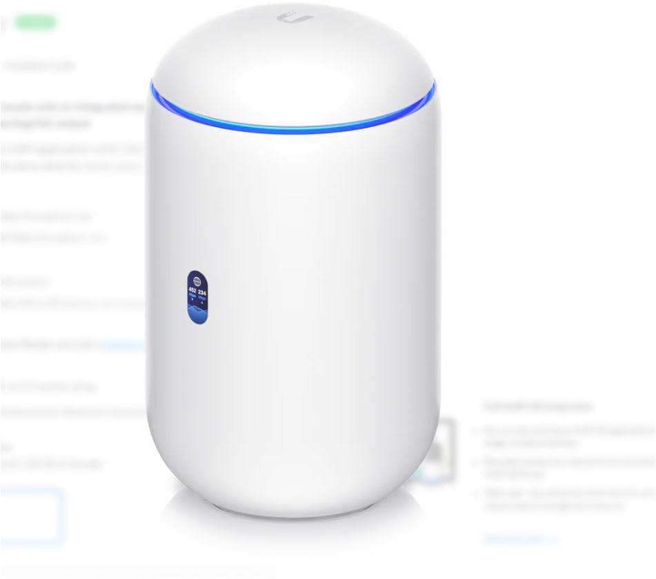 Ubiquiti UniFi Dream Router,  High‐Performance Dual Band, Procesor: Dual-Core ® Cortex ® A53 at 1.35 GHz, 2Gb RAM, interfata management: retea/Bluetooth, interfata: 1 x WAN 1Gbe, 4 x LAN 1Gbe, 2 x POE, 1 x Antena interna, viteza transfer: 2.4Ghz 600Mbps, 5Ghz-2.4Gbps, Standarde wireless: 802.11a/b/g