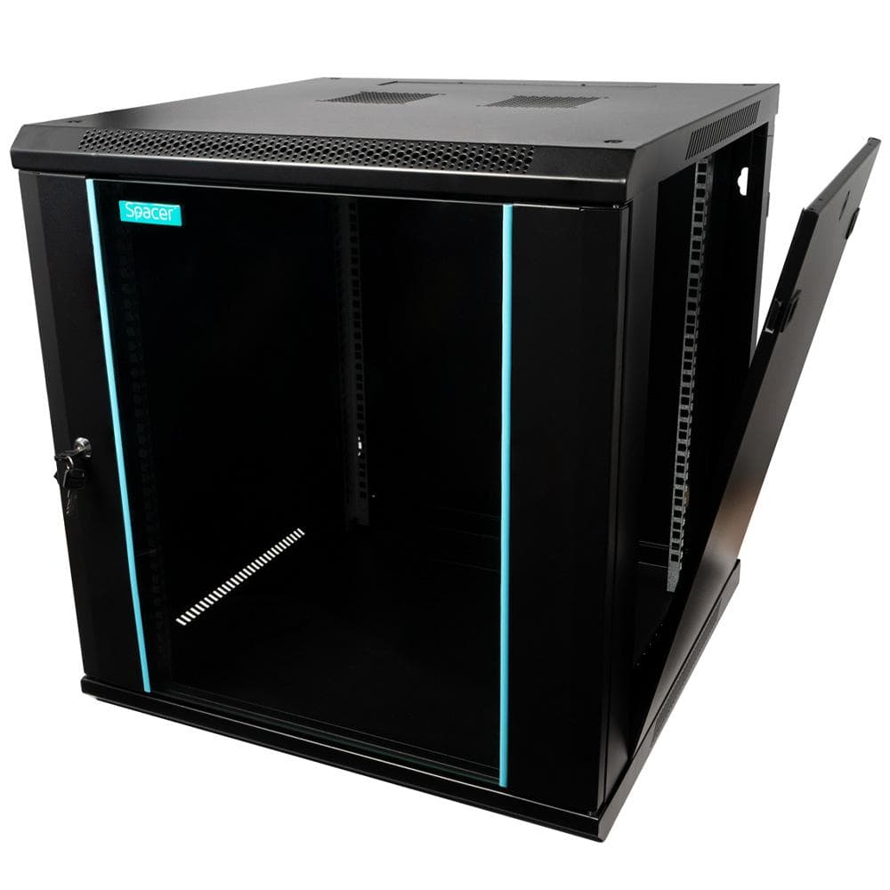CABINET 19″ SPACER 12U 600x600mm, fixare pe perete, Flatpack (dezasamblat), Black, usa sticla cu blocare, panouri detasabile, otel 1.5mm, sarcina maxima 60Kg — miniatură