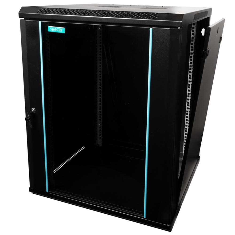 CABINET 19″ SPACER 15U 600x600mm, fixare pe perete, Flatpack (dezasamblat), Black, usa sticla cu blocare, panouri detasabile, otel 1.5mm, sarcina maxima 60Kg — miniatură