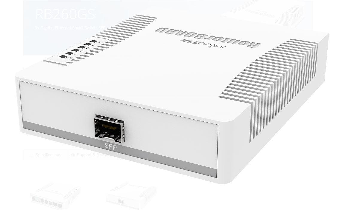 MIKROTIK SMALL SOHO SWITCH RB260GS CSS106-1G-1S, 5 X GIGABIT, Dimensiuni: 113x139x28mm, Sistem operare: MikroTik SwOS, 128Kb Flash, Consum maxim: 5W, 5 x 10/100/1000, 1 x SFP. — miniatură