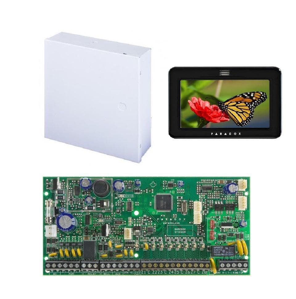 Centrala Paradox SP6000+; 8 zone pe placa (16 cu dublare zona ATZ);2 PGM pe placa, extensibile la 16 (dintre care oricare poate fi wireless);Actualizare firmware local via BabyWare;Numere de telefon raportare: 3 pentru stația centrală, 5 personale, 1 pager;Include cutie cu traf 1 buc si Touch Screen