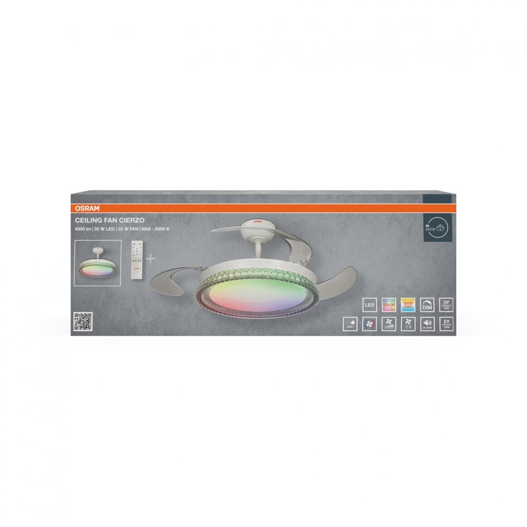 Plafoniera LED CCT cu ventilator Osram Cierzo cu Telecomanda, 60W, 4000lm, lumina alba si color (3000-6500K), dimabila, IP20, max 7252 m³/h, timer 2h-4h-8h, Alb — miniatură