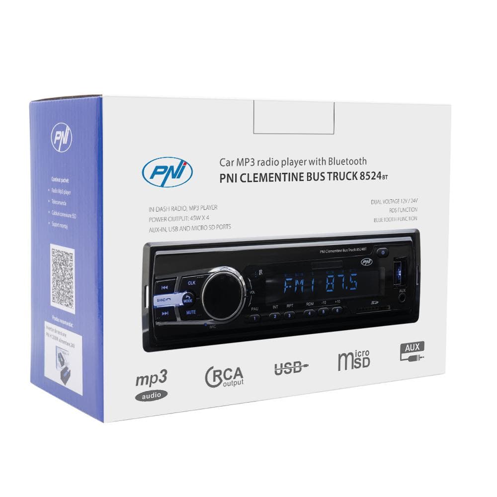 Radio MP3 player auto PNI Clementine Bus Truck 8524BT RDS 4x45w 12V/24V 1 DIN cu SD, USB, AUX, RCA si Bluetooth, Putere maxima audio (W) 4 x 45, Radio: AM/FM 87.5 - 108 MHz, USB 2.0 (max 32GB), microSD (max 32GB), AUX In (3.5mm mini jack), Redare fisiere: MP3. — miniatură