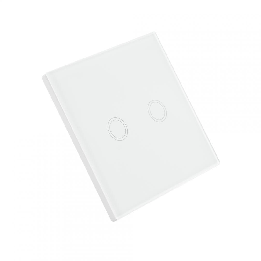 Intrerupator dublu cu touch PNI SH202 din sticla, alb cu LED indicator, Butoane iluminate - Butoane tactile - Front din sticla, Sarcina maxima suportata: 200 W, Dimensiuni: 85 X 35 X 85 mm, Greutate: 120g — miniatură