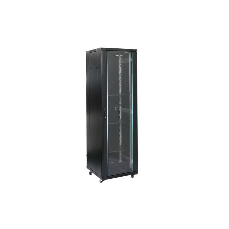 Rack 18U 600x1000, montare pe podea, usa din sticla, panouri laterale detasabile si securizate, dezasamblat, culoare negru RAL 9004, DATEUP