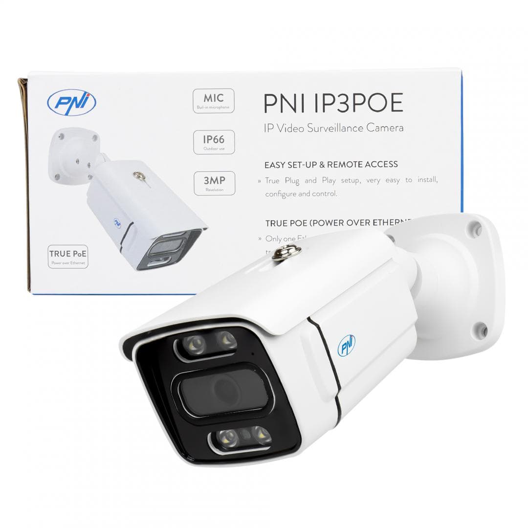 Camera supraveghere video PNI IP3POE cu IP, 3MP, de exterior IP66, microfon incorporat, compatibila cu sistemul de supraveghere POE PNI House IPMAX POE 3 si PNI House IPMAX POE 3LR, Rezolutie senzor: 3mp, Rezolutie: 2304x1296px, lentila: 3.6MM, Compresie imagine: H.265AI / H.265+, Microfon