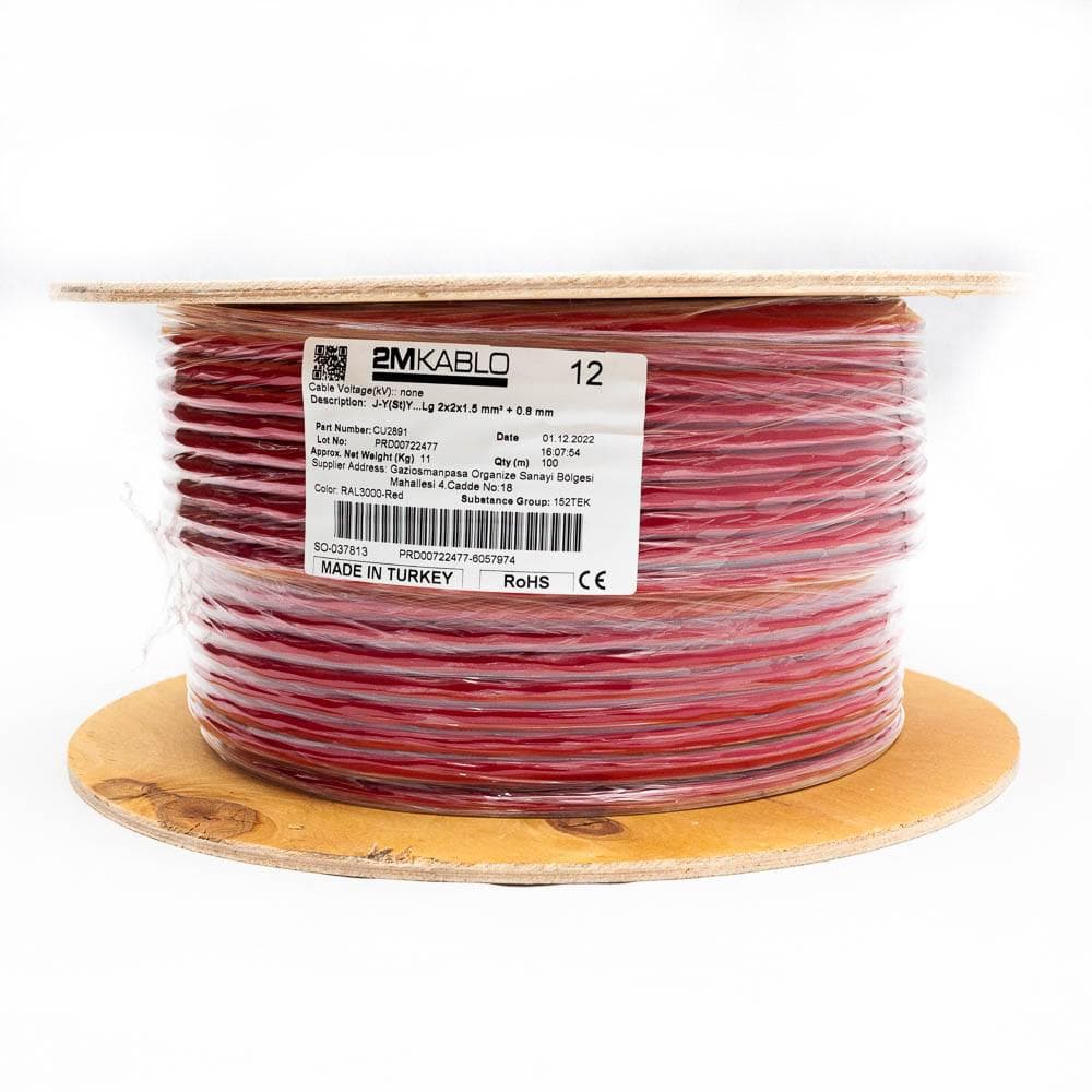 "Cablu incendiu JY(St)Y...Lg 2x2x1.5 mm² + 0.8 mmproducator 2M Kablo, 3T00000401-3-100Diametru fir : 1.5 mmConductor torsadati in perechi infasurate in banda PET, ecranaj Al/PET, cupru 100%Culori fire: VDE 0815Manta: PVC, culoare RAL3000-rosuAmbalare: tambur 100 metriOperatingVoltage