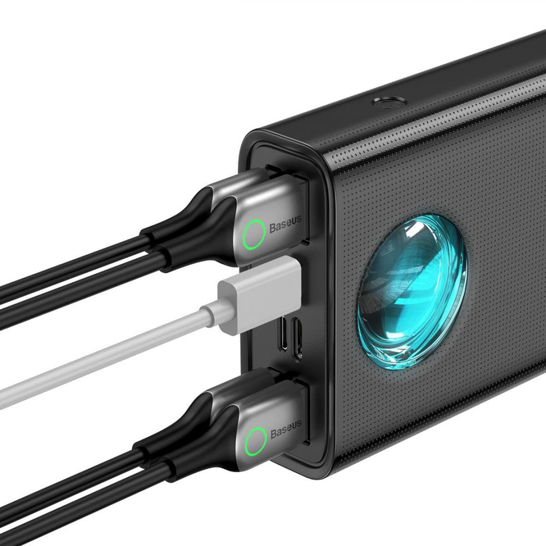 Baterie externa Baseus Ambilight, capacitate 30.000 mAh, 4 porturi iesire USB 2.0, 1 port USB-C, voltaj iesire 5 V, amperaj 3 A, functii display digital pentru nivel baterie, incarcare rapida, negru — miniatură