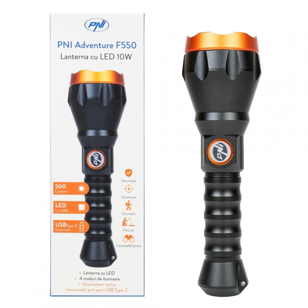 Lanterna PNI Adventure F550 Crystal LED, 10W, din aluminiu, 500lm, pana la 700m, IPX6, acumulator 4000mAh inclus, incarcare prin USB Type-C, Tip led: Osram Crystal LED, 10W, Material carcasa: Aluminiu anodizat, Clasa de protectie: IPX6, 500 lumeni, Raza actiune: Pana la 700 m, Dimensiuni: Ø57 x 203