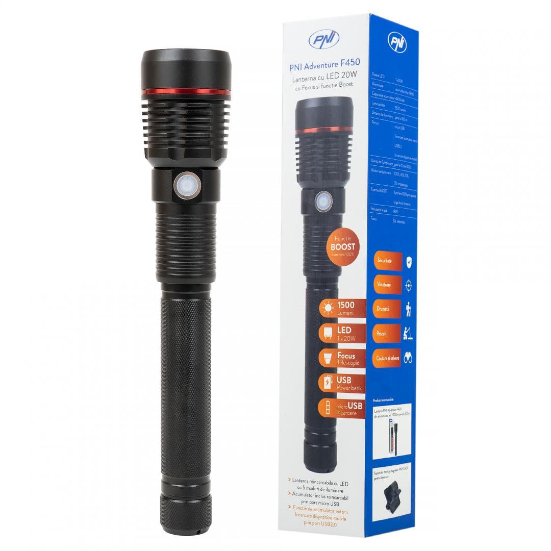 Lanterna PNI Adventure F450 din aluminiu cu focus si functie BOOST, led 20 W, 1500 lm pana la 450 m, IPX5, power bank cu iesire USB, incarcare prin micro USB, acumulator 4400 mAh inclus, functioneaza 10 ore continuu.