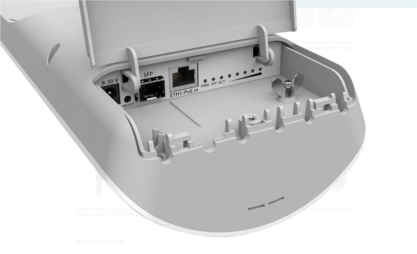 Mikrotik Antena externa 15dBi, 120 grade + router wireless integrat, CPU: 720Mhz, Ram: 128 Mb, dimensiuni: 140 x 348 x 82 mm, Passive POE, viteza wireless 5Ghz 867 Mbit/s, tehnologie: Wi-Fi 5, 1 x 10/100/1000, 1 x SFP. — miniatură