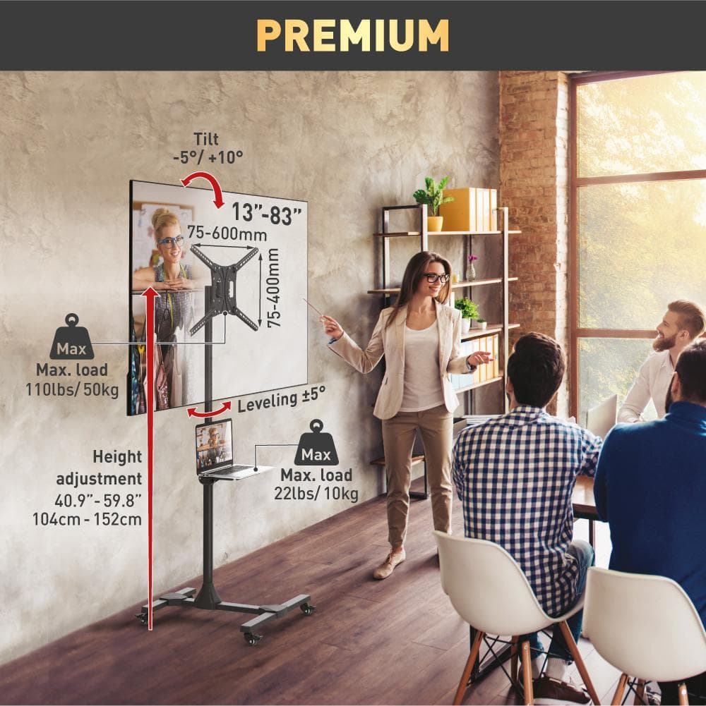 Suport Mobil de podea pentru TV plat/curbat Barkan + raft metal pentru laptop, 32" - 86", VESA 600x400mm, suporta pana la 50kg, Negru — miniatură