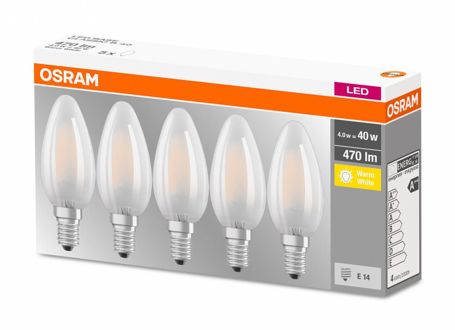 5 Becuri LED Osram Base Classic B, E14, 4W (40W), 470 lm, luminacalda(2700K), semi-transparent — miniatură