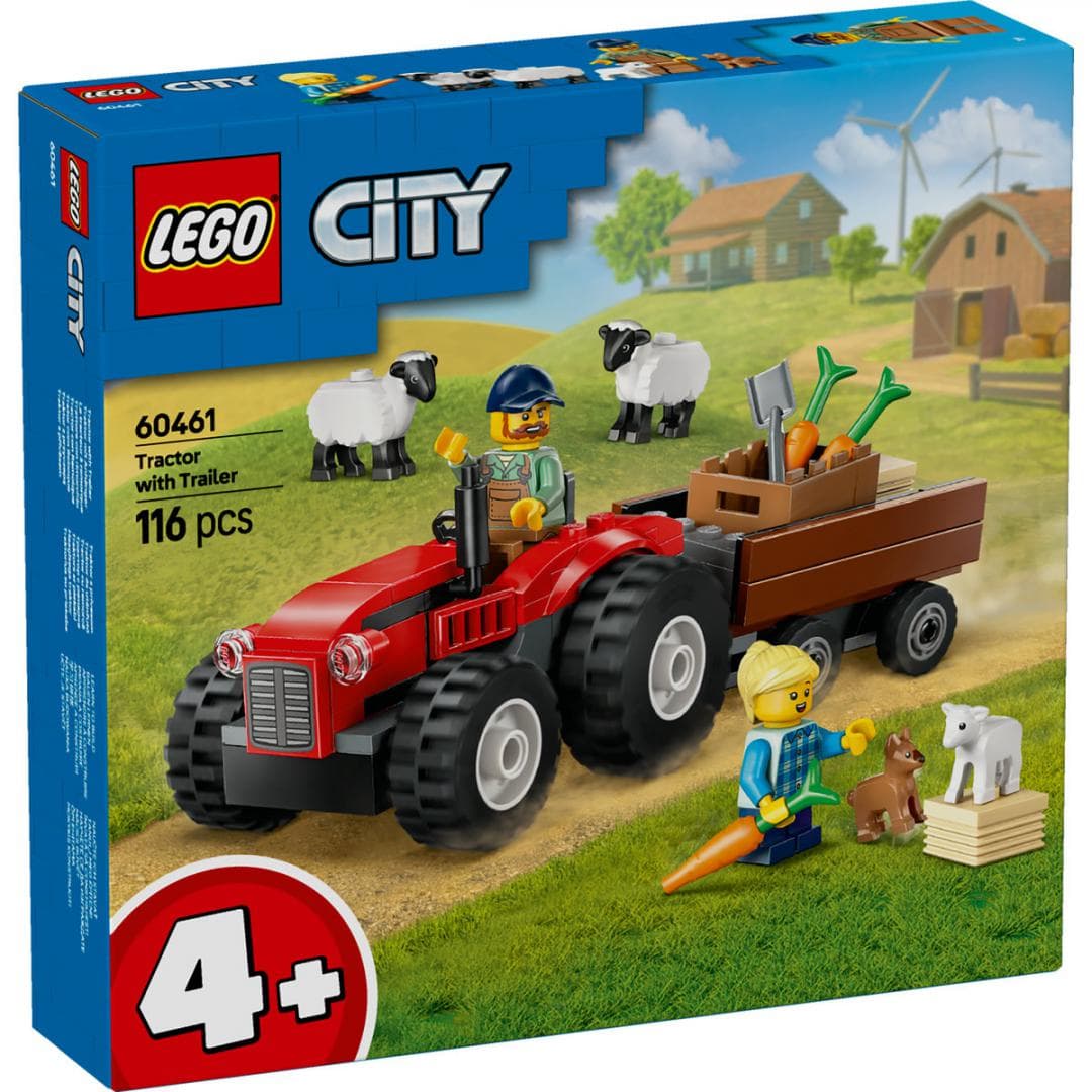 TRACTOR DE FERMA ROSU CU REMORCA SI OI, LEGO 60461 — miniatură
