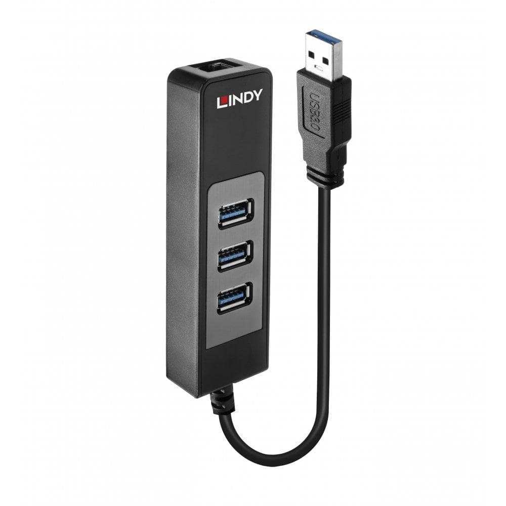 Hub USB Lindy USB 3.0 Hub and Gigabit Ethernet Converter, USB-A, 4 porturi, RJ-45, Negru