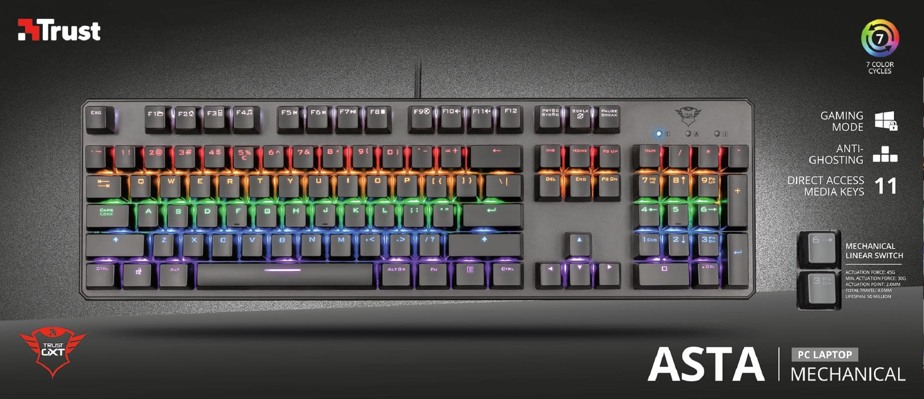 Tastatura Mecanica Gaming Trust GXT 865 Asta, RGB, USB, negru — miniatură