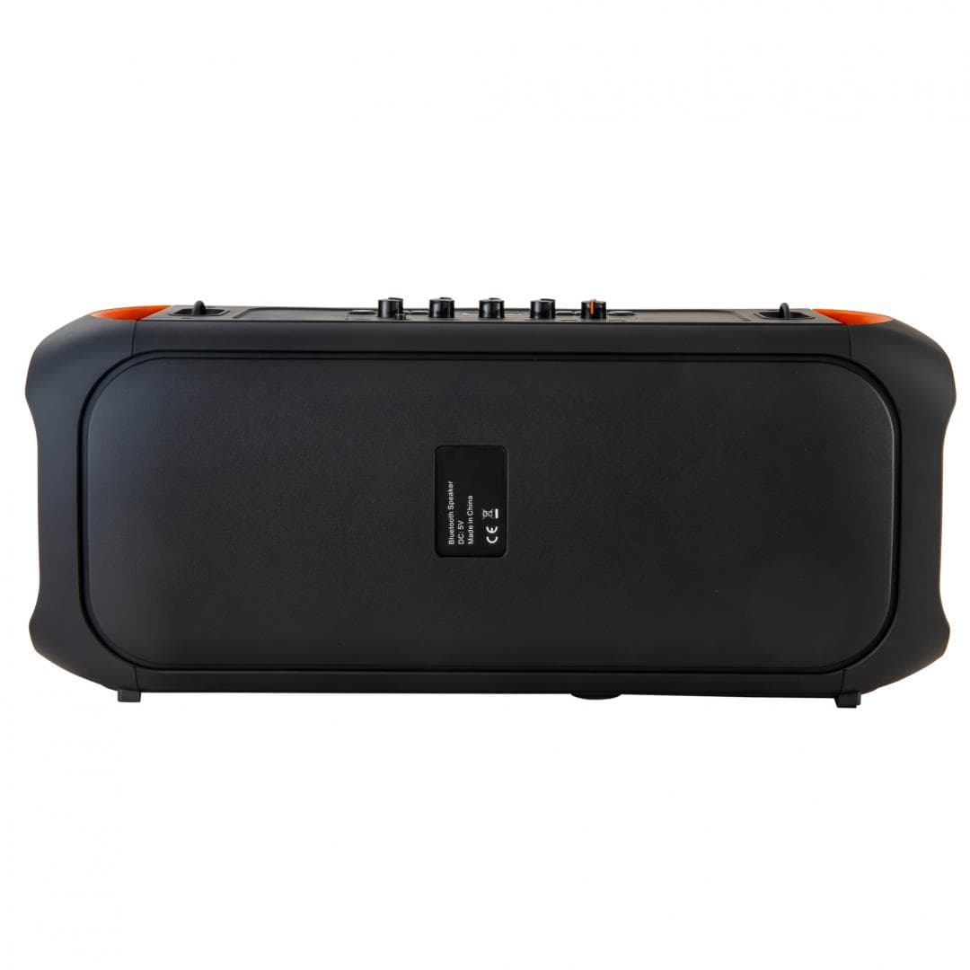 Boxa portabila Akai cu microfon fara fir si telecomanda, bluetooth 5.3 putere 80W, puterea de emisie a canalului BT 2 dbm, baterie 7,4 V, 6000 mAh, tip baterie Litiu-ion, radio FM 87.5-108MHz, frecventa microfonului 2402-2480 MHz, cu intrare AUX, slot USB si card TF, formate audio acceptate MP3 — miniatură
