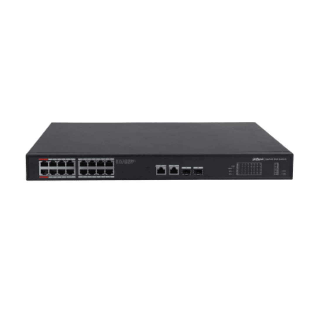 DAHUA Switch 20 porturi, 16 portuti POE, Unmanaged, Layer 2, Capacitate switch: 52Gbps, Forwarding Rate 29.76 Mpps, Standarde retea: IEEE802.3, IEEE802.3u, IEEE802.3x, IEEE802.3ab, IEEE802.3z interfata: 16 × RJ45 10/100/1000 M (PoE), 2 × RJ45 10/100/1000 M (uplink), 2 × SFP 1000 M (uplink), Buget — miniatură