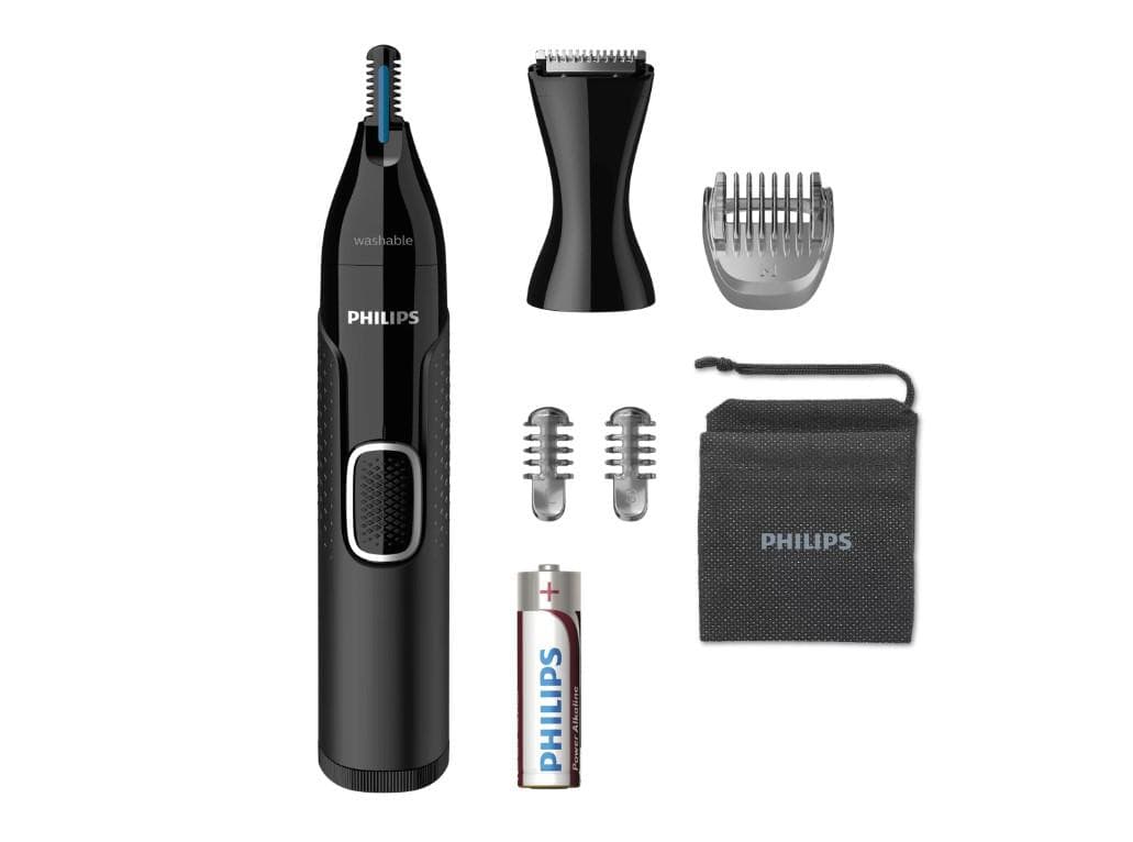 Trimmer pentru nas si urechi PHILIPS NT5650/16, Baterie, Lavabil, Utilizare umed si uscat, Tehnologie Precision Trim, Otel inoxidabil, Pieptene pentru sprancene , 2 piepteni 3-5 mm , Negru, L x A x I (mm) 36x100x190
