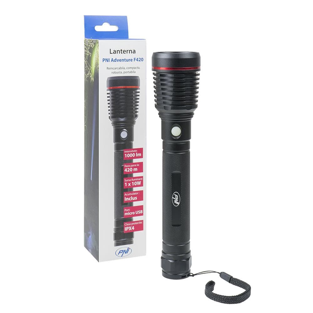 Lanterna PNI Adventure F420 din aluminiu cu led 1000lm pana la 420m, cu 2 acumulatori inclusi, 8000 mAh tip 26650, functioneaza 10 ore continuu, incarcare micro USB, Dimensiuni: 253 x 55 x 55 mm.