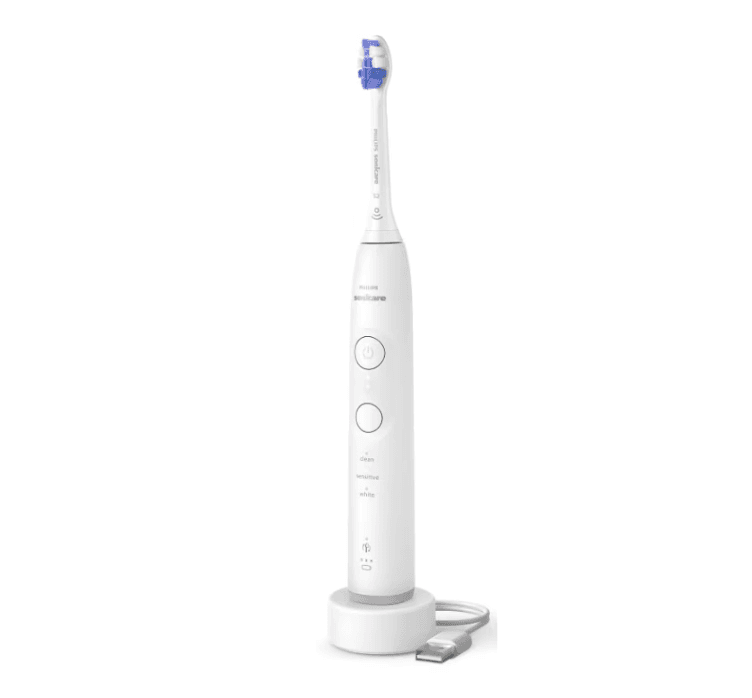 Periuta de dinti electrica Philips Sonicare HX7410/02, 62.000 miscari/minut, autonomie 21 zile, 3 mod de periere,3 intensitati, senzor presiune luminos, functia BrushSync, capat de periere Optimal White, capat de periere Senstive, toc transport, alb — miniatură