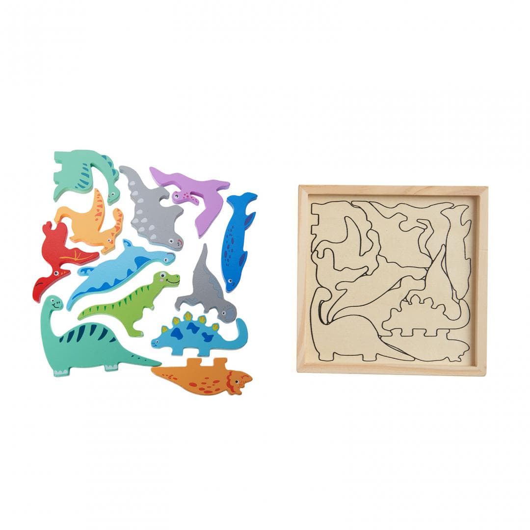 PUZZLE DIN LEMN CU DINOZAURI, 12 PIESE, MOMKI