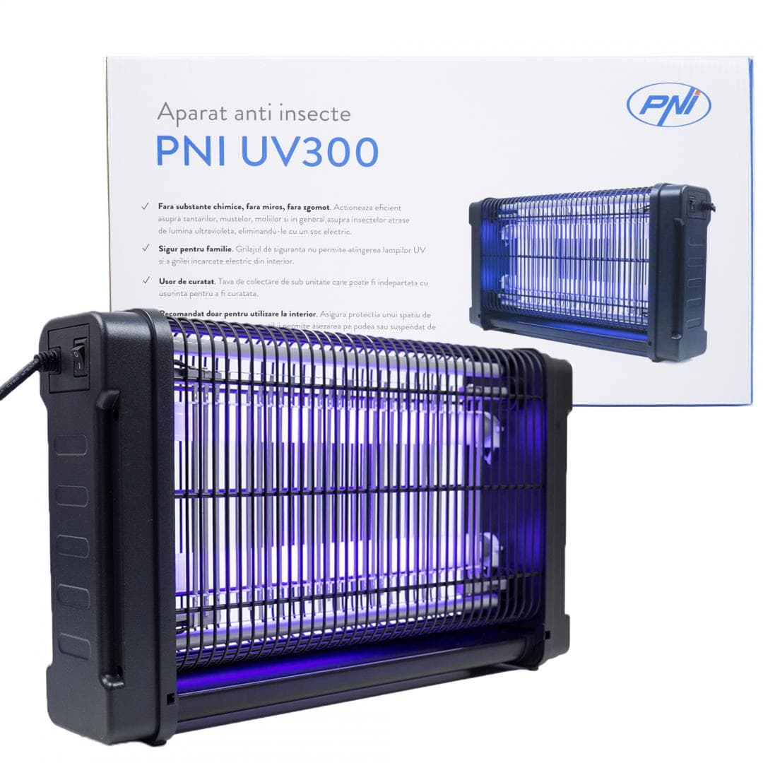 Aparat anti insecte PNI UV300 anti tantari, anti muste, insectocutor cu 2 tuburi ultraviolete, 20W, interior si exterior, montaj pe podea sau tavan, Dimensiuni: 440 x 260 x 85 mm, lUNGIME CABLU: 100CM, pUTERE: 20W
