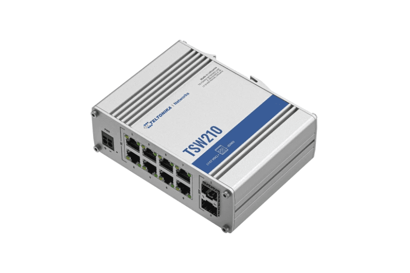 TELTONIKA INDUSTRIAL 8PORT UNMANAGED SWITCH TSW210, Interfata: 8 x ETH ports, 10/100/1000 Mbps, supports auto MDI/MDIX crossover, 2 x SFP ports, Standarde retea: 802.3i, 802.3u, 802.3ab, 802.3x, 802.3az, 802.3ad, Latime banda: 20 Gbps, Carcasa aluminiu, Dimensiuni: 132 x 44.2 x 95.1 mm, Greutate — miniatură
