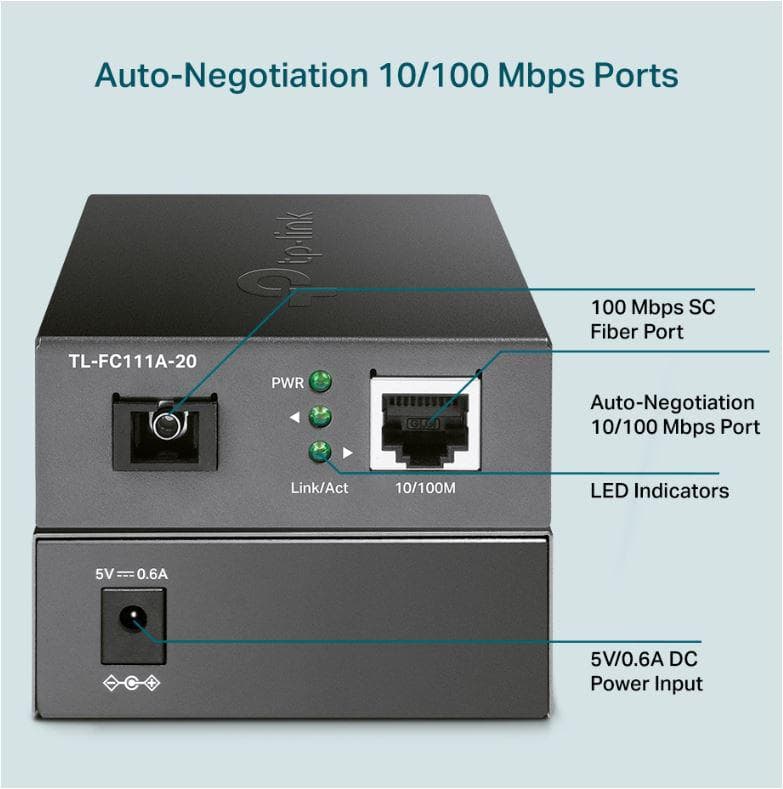 "10/100 Mbps RJ45 to 100 Mbps Single-mode SC WDM Bi-Directional Fiber Converter PORT: 1× 100Mbps SC Port, 1× 10/100M RJ45 Port (Auto MDI/MDIX) SPEC: Full-duplex, Tx:1550 nm, Rx:1310 nm, Up to 20 km, Chassis TL-FC1420 rack-mountable" — miniatură