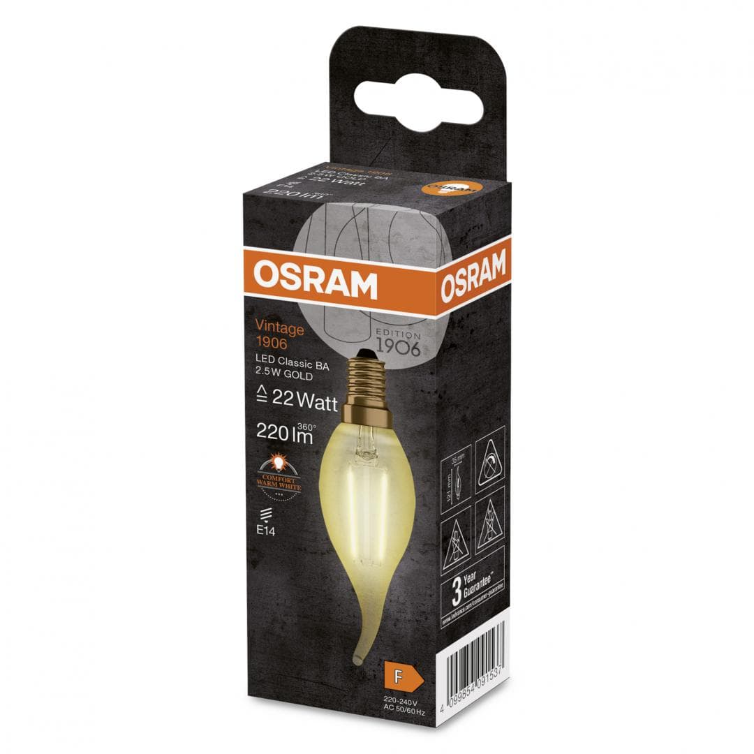 Bec LED Osram Vintage 1906 CLAS BA, E14, 2.5W (22W), 220 lm, luminacalda(2400K), cu filament — miniatură