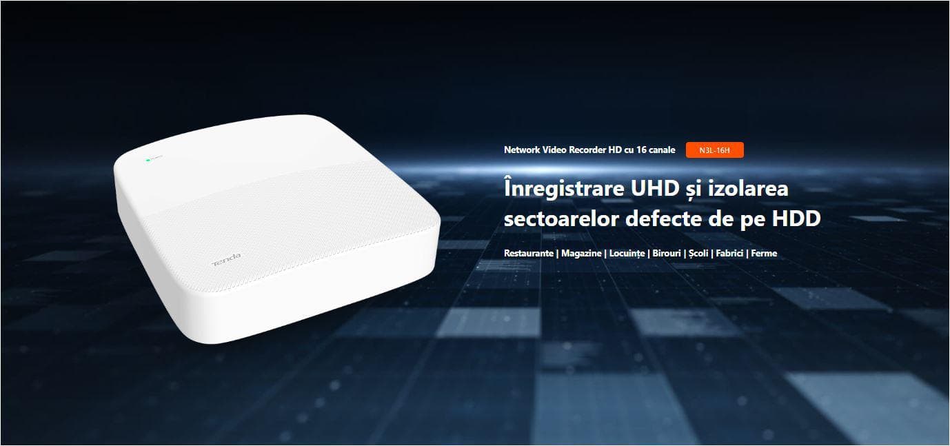 Tenda 16 Channel HD Network Video Recorder N3L-16H, 16 intrari IP video, Rezolutie: pana la 8MP, latime banda: 800Mbps, iesire: 1-ch, 1920 × 1080/60Hz, 1280 × 1024/60Hz, 1280 × 720/60Hz, VGA  1-ch, 1920 × 1080/60Hz, 1280 × 1024/60Hz, 1280 × 720/60Hz HDMI/VGA simultaneous output, Format video