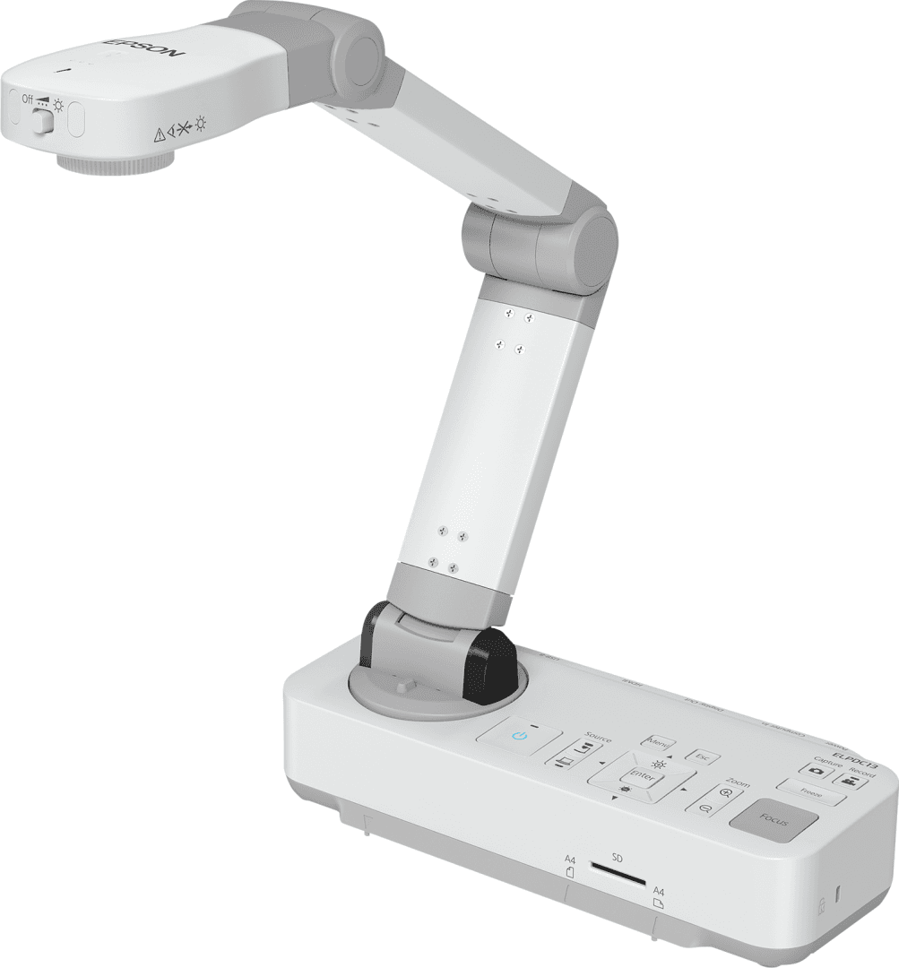DOCUMENT CAMERA EPSON ELPDC-13, Senzor: cmos1/2.7", Rezolutie: 1920 x 1080 (HD 1080), 30fps, Digital zoom: 16x, raza scanare: 297 x 420 mm, Interfata: USB Type-B, VGA, SD max 32Gb, Format max: A3, Culoare: Alb, mod microscop.
