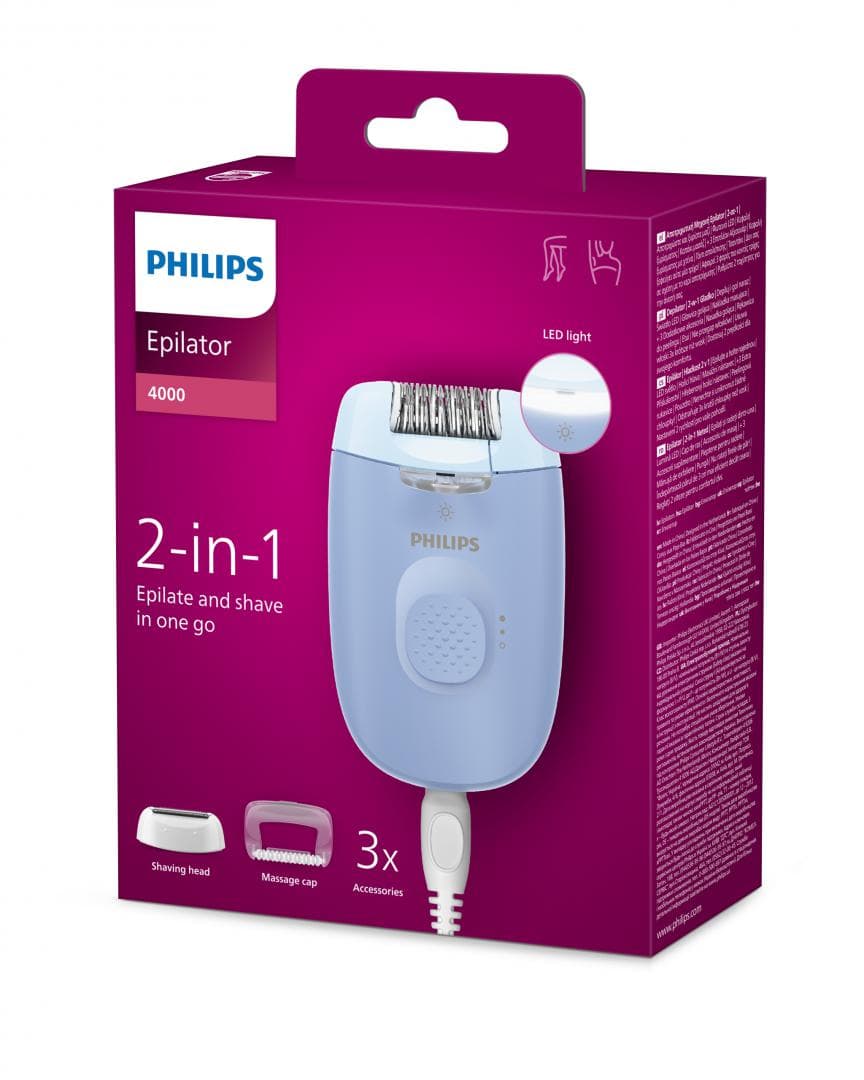 Epilator cu fir PHILIPS Seria 4000 BRE247/00, 2 viteze, 4 accesorii, Retea, Albastru, L x A x I (mm) 50x120x145 — miniatură