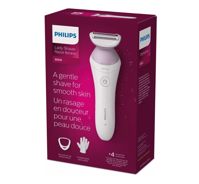 Aparat de ras fara fir umed si uscat PHILIPS Lady Shaver Seria 6000 BRL136/00, Wet&Dry, 40 min utilizare, Manusa exfoliere, Alb/Mov, L x A x I (mm) 60x120x185 — miniatură