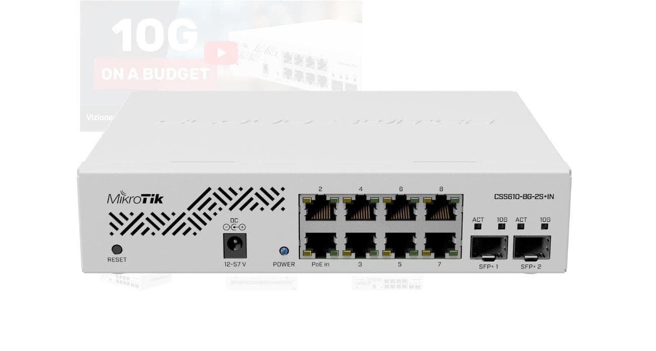 MIKROTIK, CSS610-8G-2S+IN 8G, 2 SFP+ Port, Indoor Switch 64kb Flash, Pasive POE, Dimensiuni: 200 x 167 x 46 mminterfata: 8 x 10/100/1000, 2 x SFP+, IP20, POE in- 12-57 V, consum maxim 5w. — miniatură