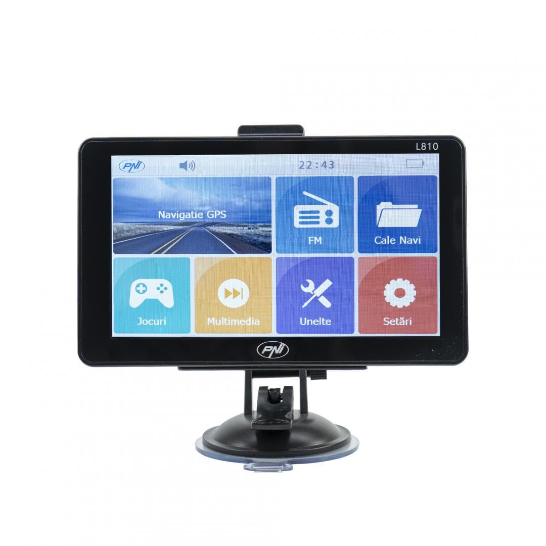 PNI L810 SISTEM NAVIGATIE 7", Windows CE 6.0, Rezolutie: 800 x 480, Aspect: 16:9, Procesor: 800 MHz. Meemrie RAM 256 Mb, Memorie interna: 8Gb, Slot MicroSD, max 32Gb, Culoare Negru, FM Transmitter, Fara harti incluse. — miniatură