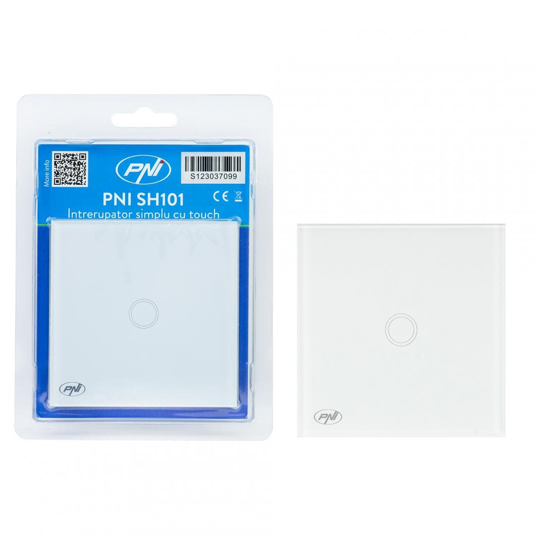Intrerupator cu touch PNI SH101 alb cu LED indicator cu panoul frontal din sticla temperata transparenta, iar carcasa din spate rezistenta la foc. Poate fi utilizata la o putere maxima de 100W pentru becurile cu LED, iar pentru becurile clasice de maxim 200W, dIMENSIUNI:  86 X 86 X 34 mm, Butoane