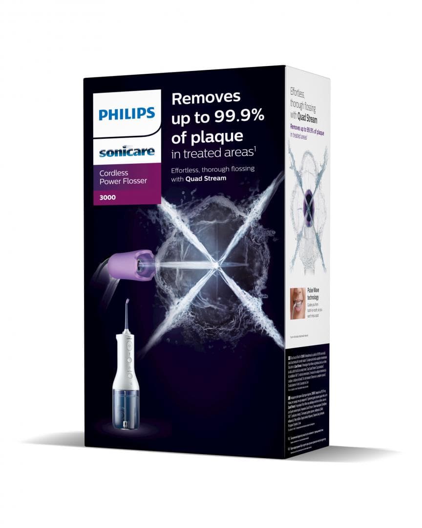 Irigator bucal PHILIPS Sonicare Cordless Power Flosser 3000 HX3826/31, Tehnologie QuadStream, Portabil, 2 moduri de curatare, 3 niveluri de intensitate , 2 x capete de curatare si 1 x husa trasport, Alb, L x A x I (mm) 92x134x247