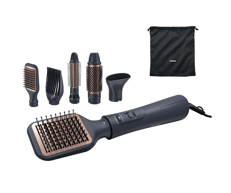 Perie cu aer cald Philips Seria 5000 BHA530/00, 1000W, tehnologie de distributie uniforma a caldurii, de 4 ori mai multi ioni, 5 accesorii, diametru perie 38mm, setare temperatura de ingrijire si aer rece, accesoriu de volum, infuzata cu ulei de argan