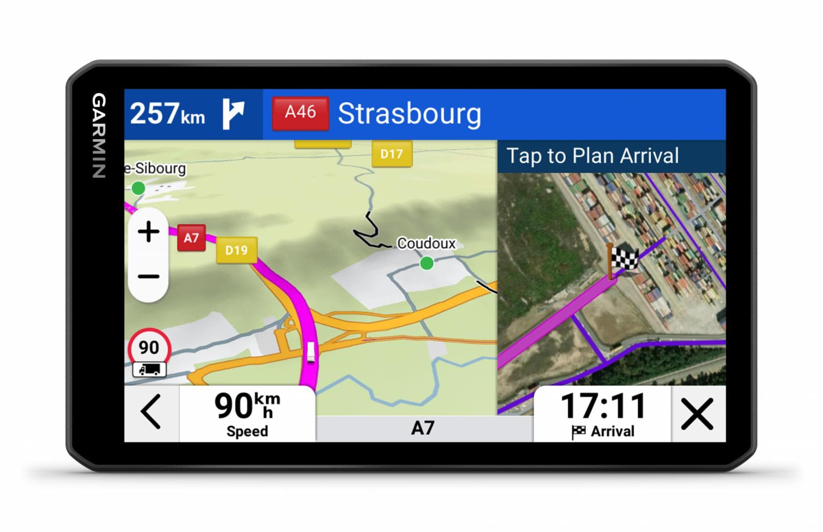 GPS Garmin Dezl LGV720, tip afisaj IPS super-panoramic de 6,95", TFT color, cu panou tactil capacitiv pe celule, rezolutie 1024 x 600 pixeli, durata de viata baterie până la 1,5 ore — miniatură