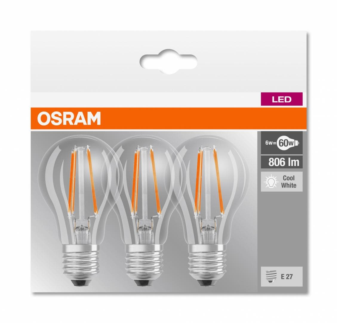 3 Becuri LED Osram Base Classic A, E27, 7W (60W), 806 lm, lumina neutra(4000K), cu filament