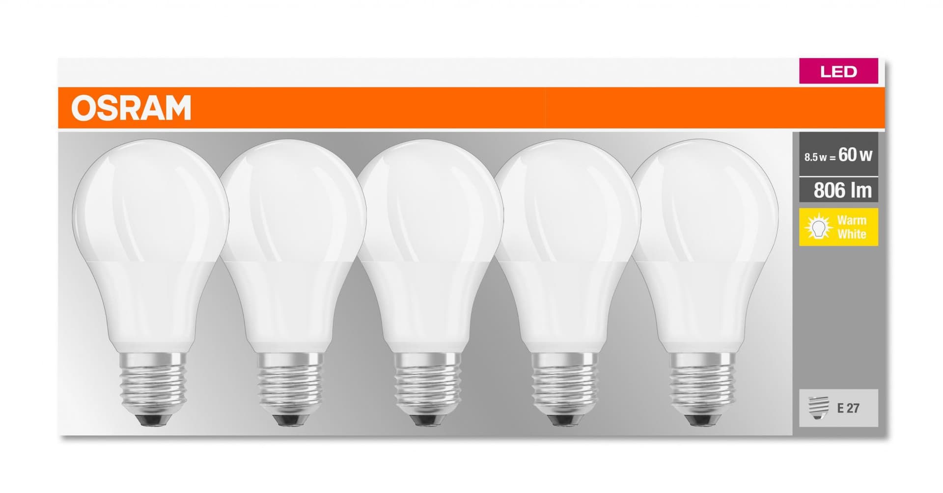 5 Becuri LED Osram Base Classic A, E27, 8.5W (60W), 806 lm ,luminacalda(2700K)