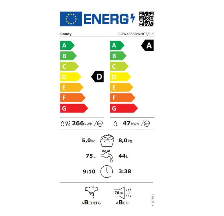 Masina de Spalat cu Uscator Candy ROW4856DWMCT/1-S RapidO, 8+5kg, 1400, DA, BPM, MPS, 6 Digit, WiFi+BT, Steam, White+White + chrome ring — miniatură