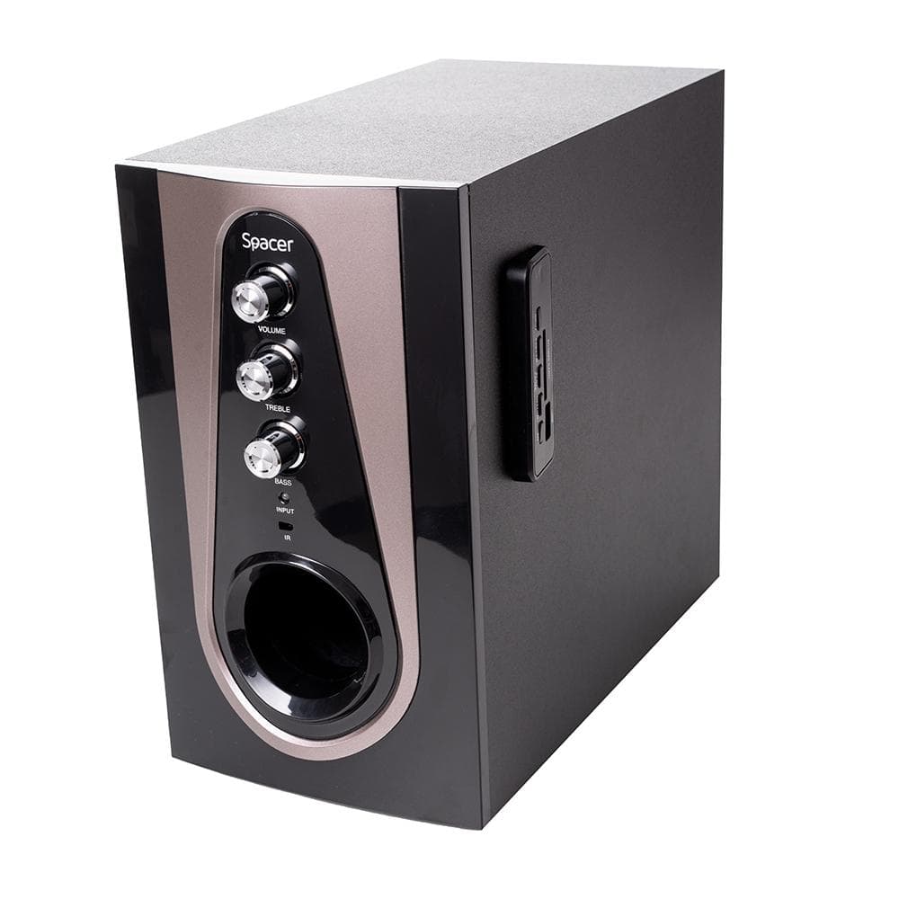 Boxe Spacer 2.1, 30W RMS ( 2x 5W + 20W), alimentare 220V, conectori Bluetooth, USB, Jack 3.5mm, Radio FM, SD, RCA, contine telecomanda wireless, negru — miniatură