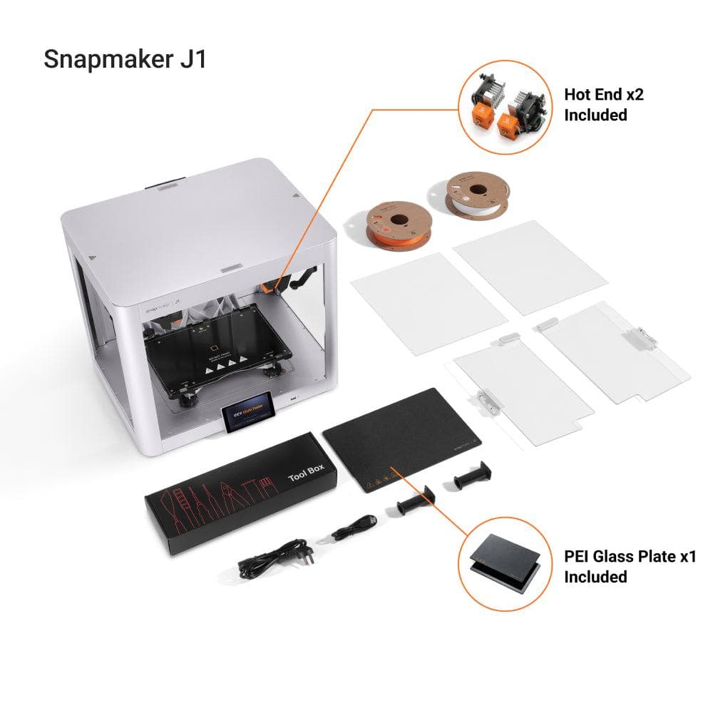 Imprimanta 3D Snapmaker J1S, Idex, doua capete de printare independente, Tehnologie FFF (Fused Filament Fabrication), Volum printare Default mode: 300 x 200 x 200mm, Copy Mode: 160 mm × 200 mm × 200 mm, Mirror Mode: 150 mm × 200 mm × 200 mm, Inaltime strat: 0.05-0.3mm, Platforma printare: Sticla — miniatură